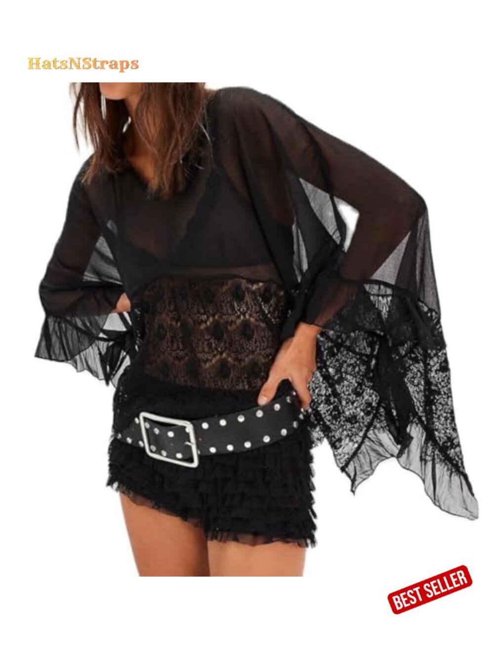 Sheer Mesh Poncho Top Batwing Sleeve Loose Fit Lace Blouse